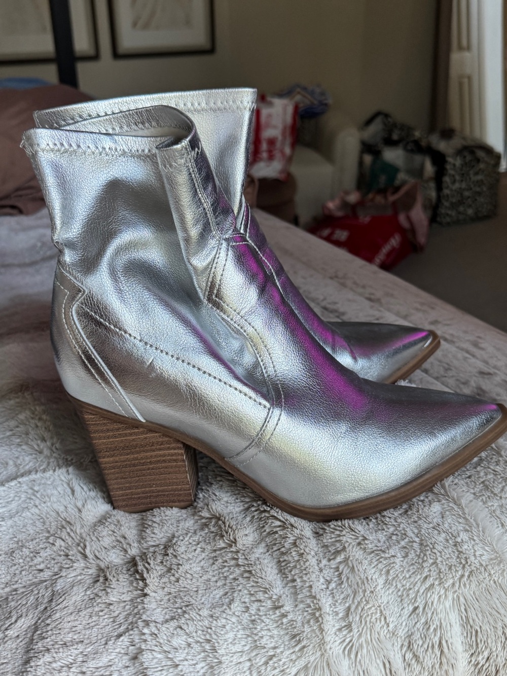 Silver Metallic Pointed-Toe Ankle Boots - Women - Picture 3 of 7